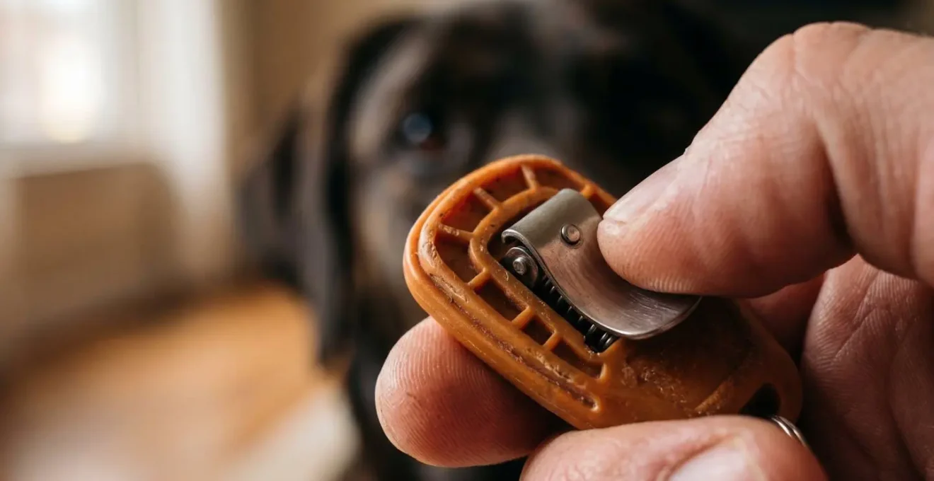 Gros plan sur une main tenant un clicker avec un chien concentré illustrant la précision du marqueur temporel