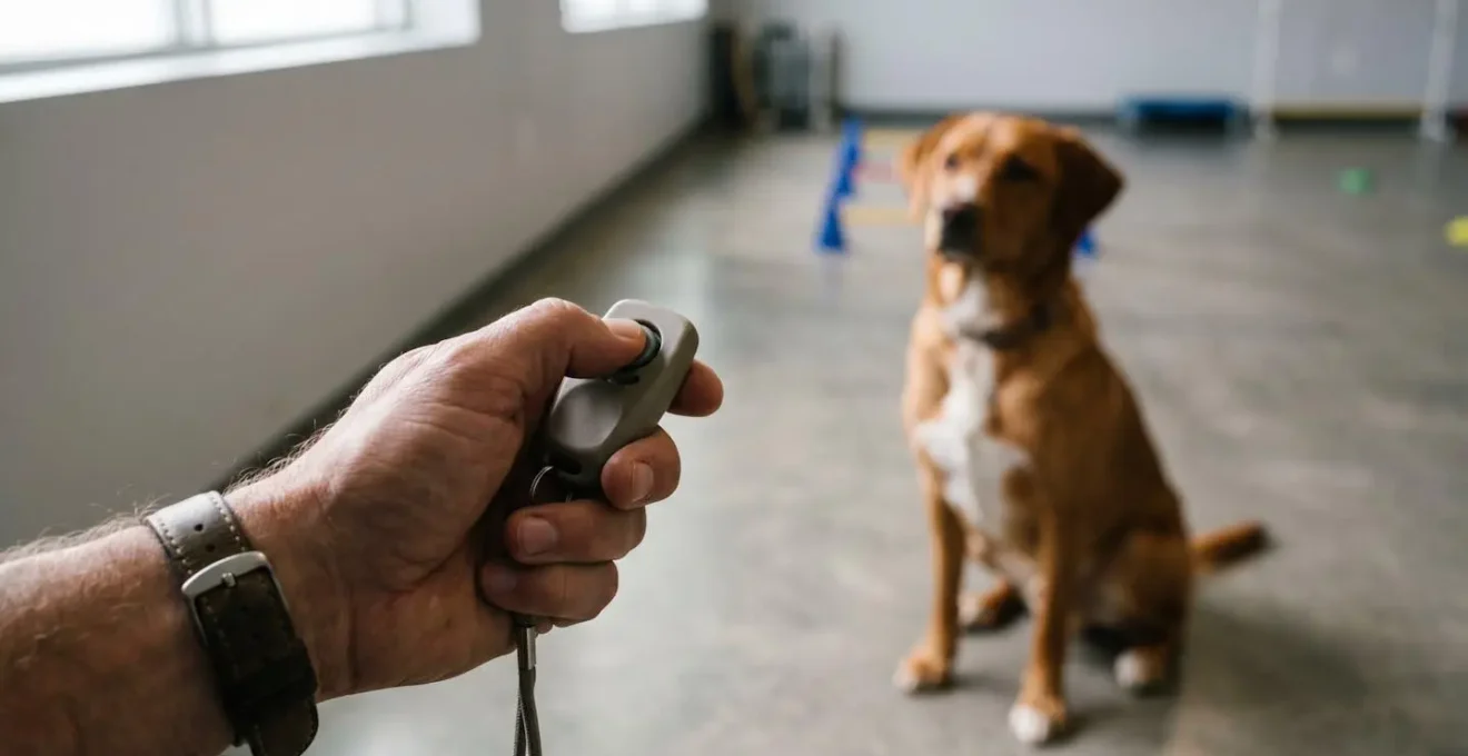 Main humaine tenant un clicker avec un chien en arrière-plan flou dans un espace d'entraînement