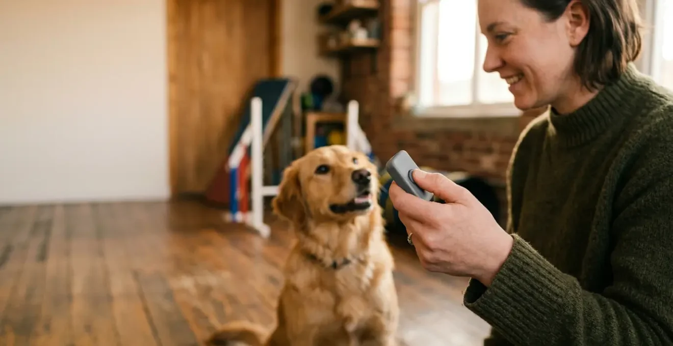 Moment de complicité entre un maître et son chien lors d'une session d'éducation canine au clicker