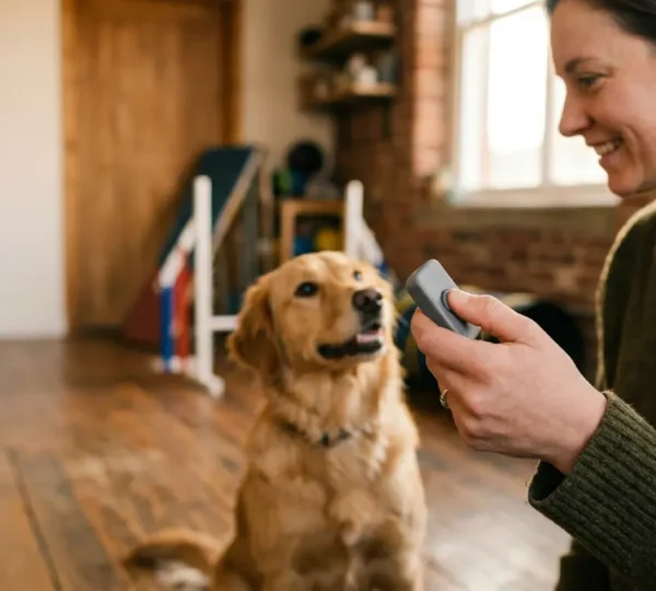 Moment de complicité entre un maître et son chien lors d'une session d'éducation canine au clicker