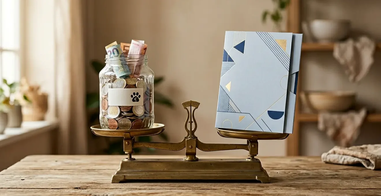 Concept financier illustrant la décision entre épargne personnelle et assurance pour animaux de compagnie