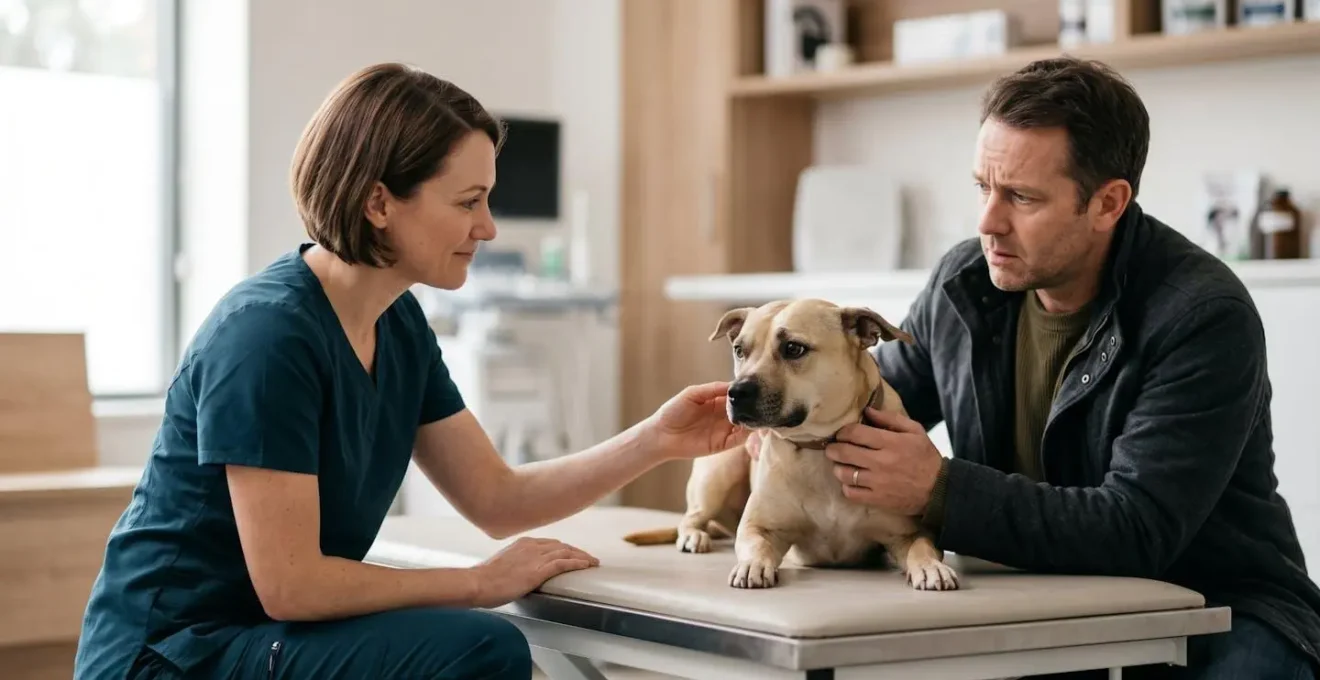 Consultation vétérinaire avec un chien anxieux et son propriétaire dans un cabinet moderne