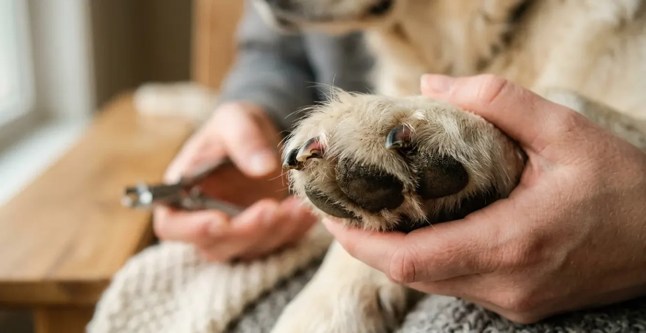 Gros plan des pattes d'un chien lors d'une séance de soin des griffes dans un environnement calme