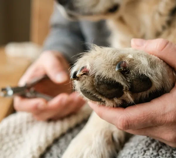 Gros plan des pattes d'un chien lors d'une séance de soin des griffes dans un environnement calme