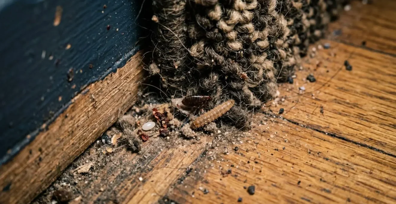 Vue macro des zones cachées d'une maison où les puces survivent en hiver