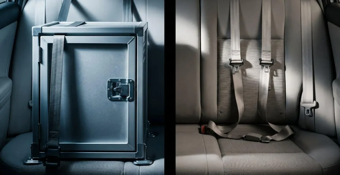 Représentation symbolique de la sécurité du transport canin en voiture illustrant le contraste entre protection et danger