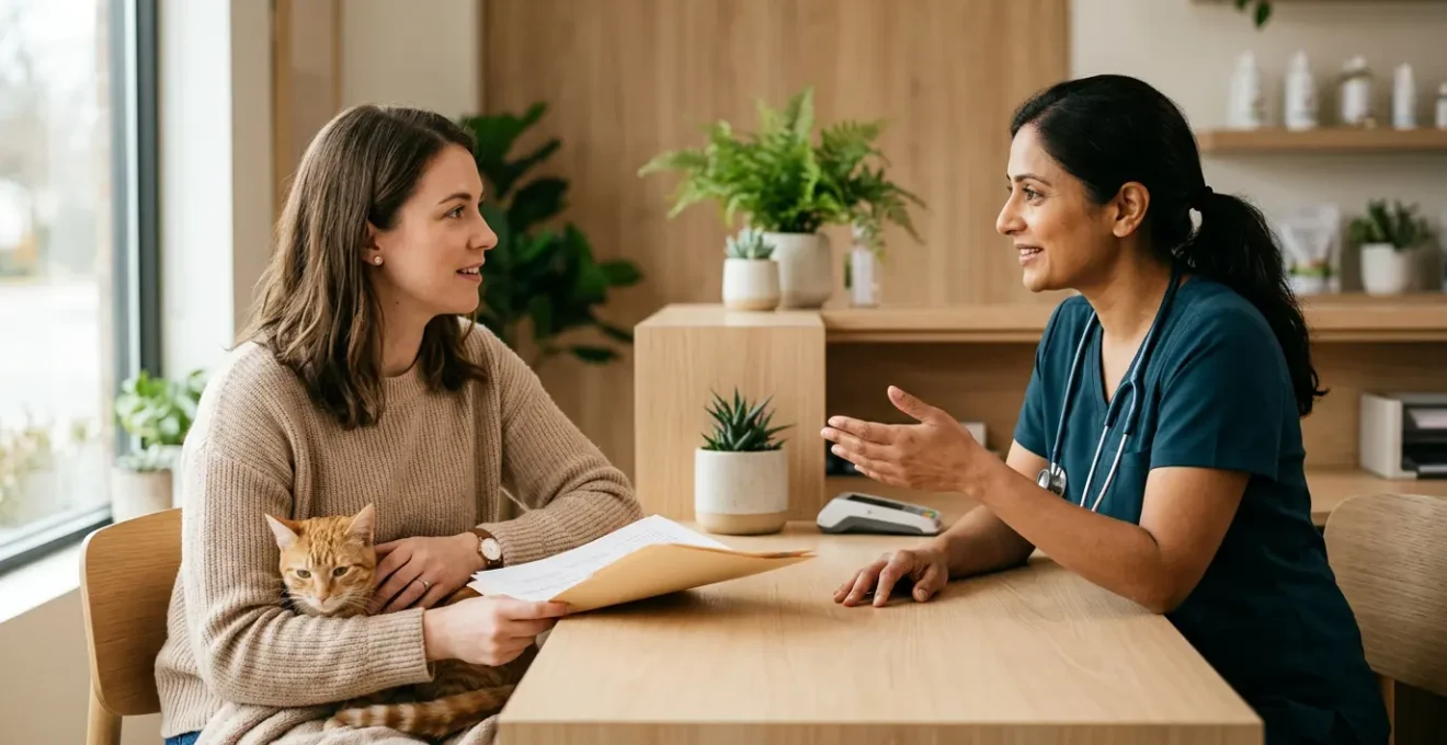 Propriétaire d'animal discutant sereinement avec un vétérinaire dans une clinique moderne et lumineuse