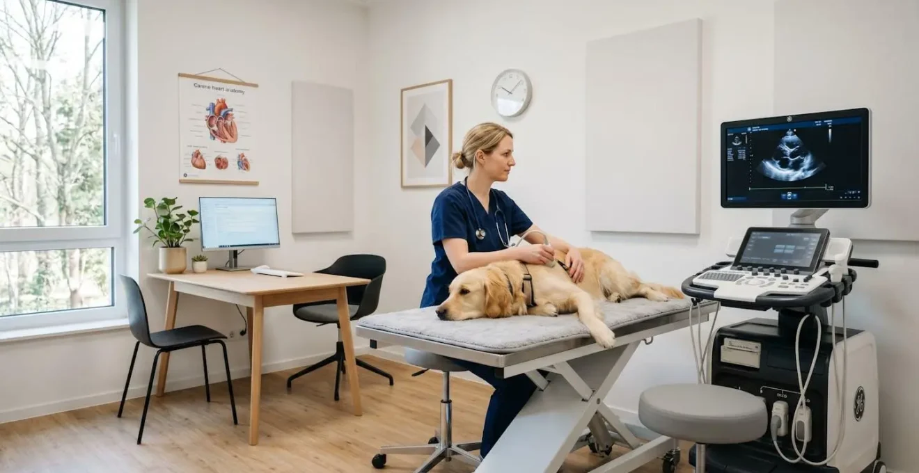 Environnement minimaliste d'une salle de cardiologie vétérinaire avec équipement d'échographie et espace de consultation