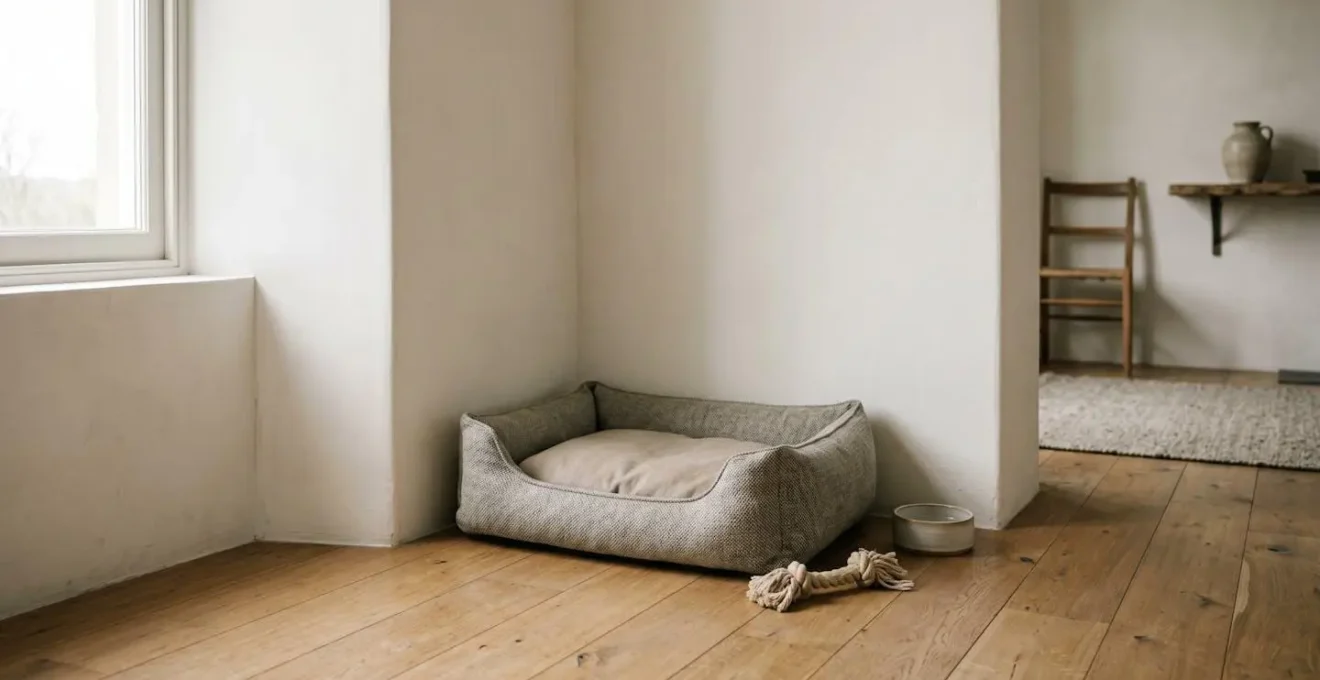 Vue d'ensemble d'un espace domestique montrant un panier de chien comme zone de refuge sécurisée