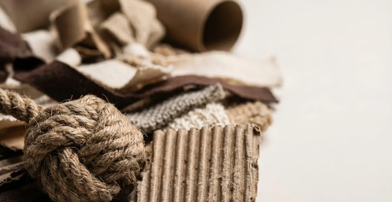 Gros plan sur des objets du quotidien transformés en jeux d'occupation pour chien, texture et matériaux naturels visibles
