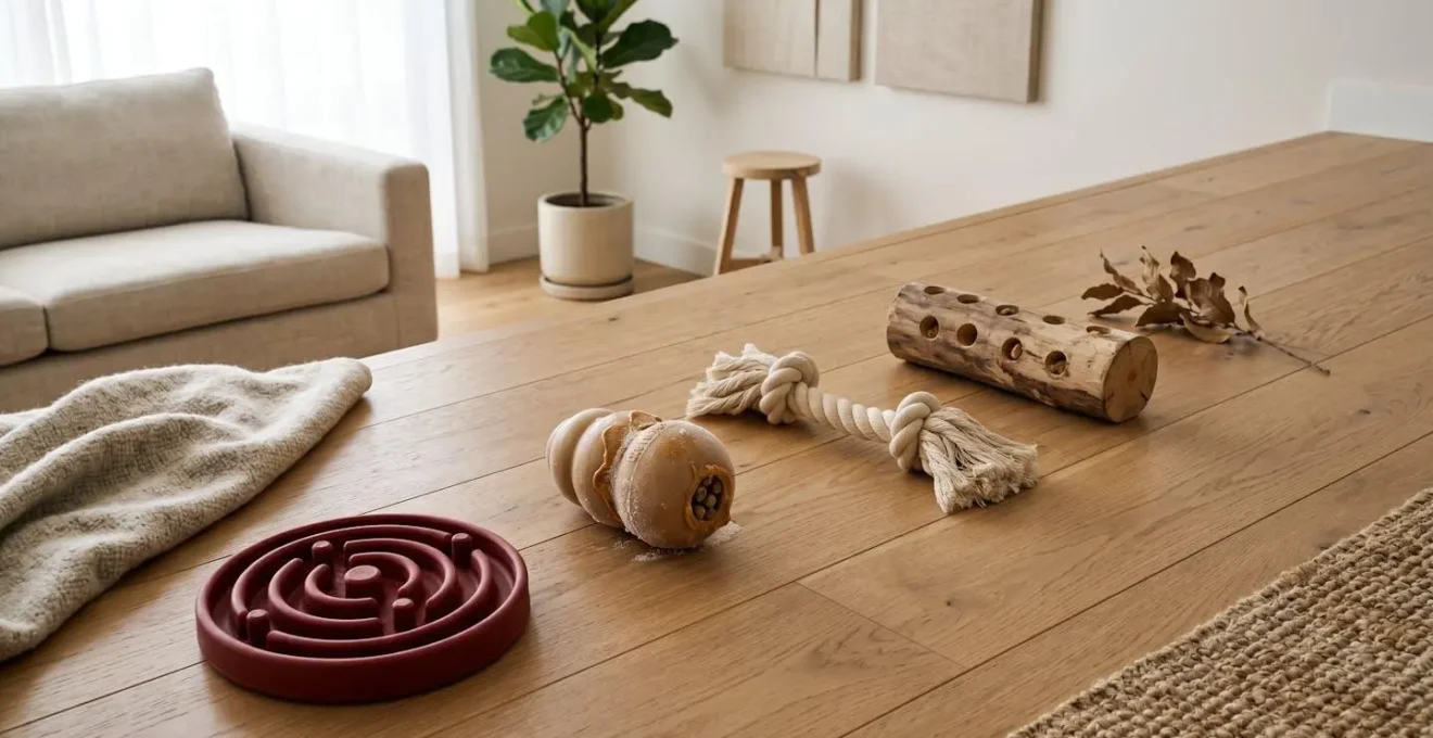 Composition de jouets d'occupation pour chien disposés de manière séquentielle dans un intérieur contemporain