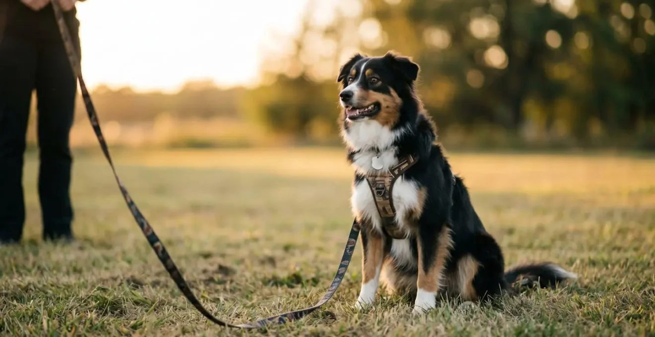 Chien en entraînement avec une longue laisse dans un espace ouvert naturel