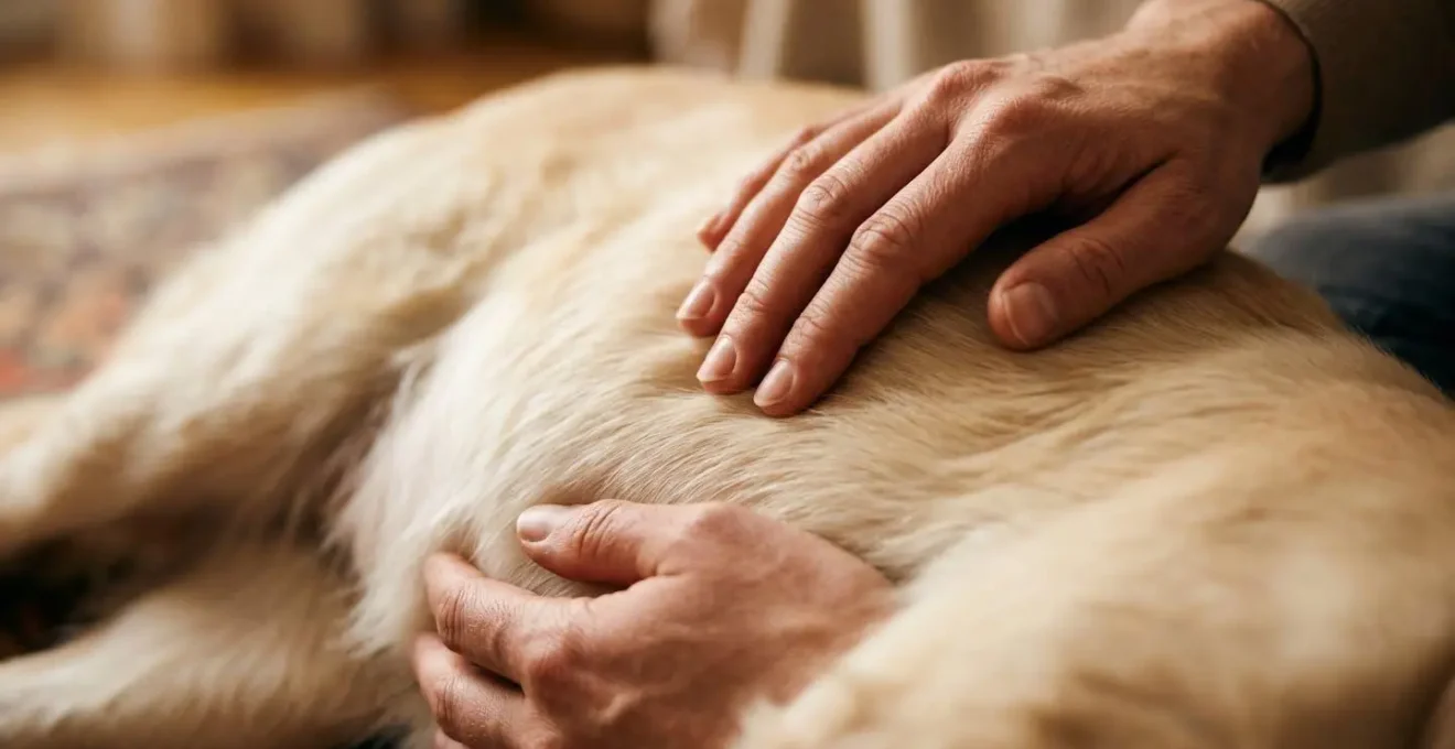 Vue macro détaillée des mains d'un éleveur créant un environnement apaisant pour une chienne gestante dans un espace enrichi