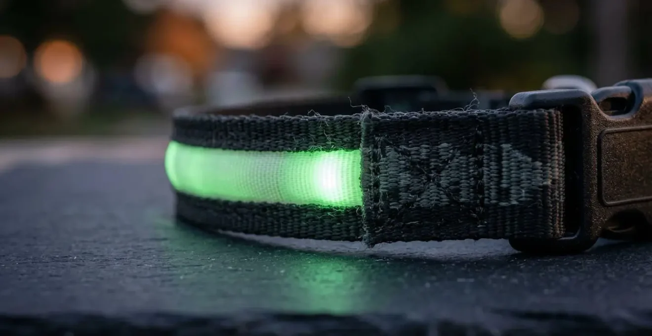 Gros plan sur un collier LED lumineux pour chien dans un environnement nocturne