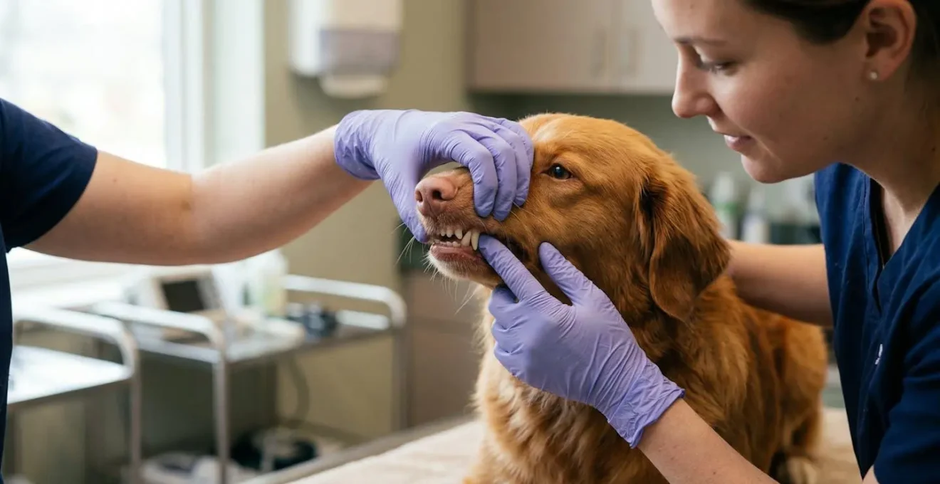 Examen dentaire préventif chez un chien réalisé par un vétérinaire