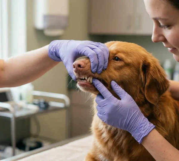 Examen dentaire préventif chez un chien réalisé par un vétérinaire