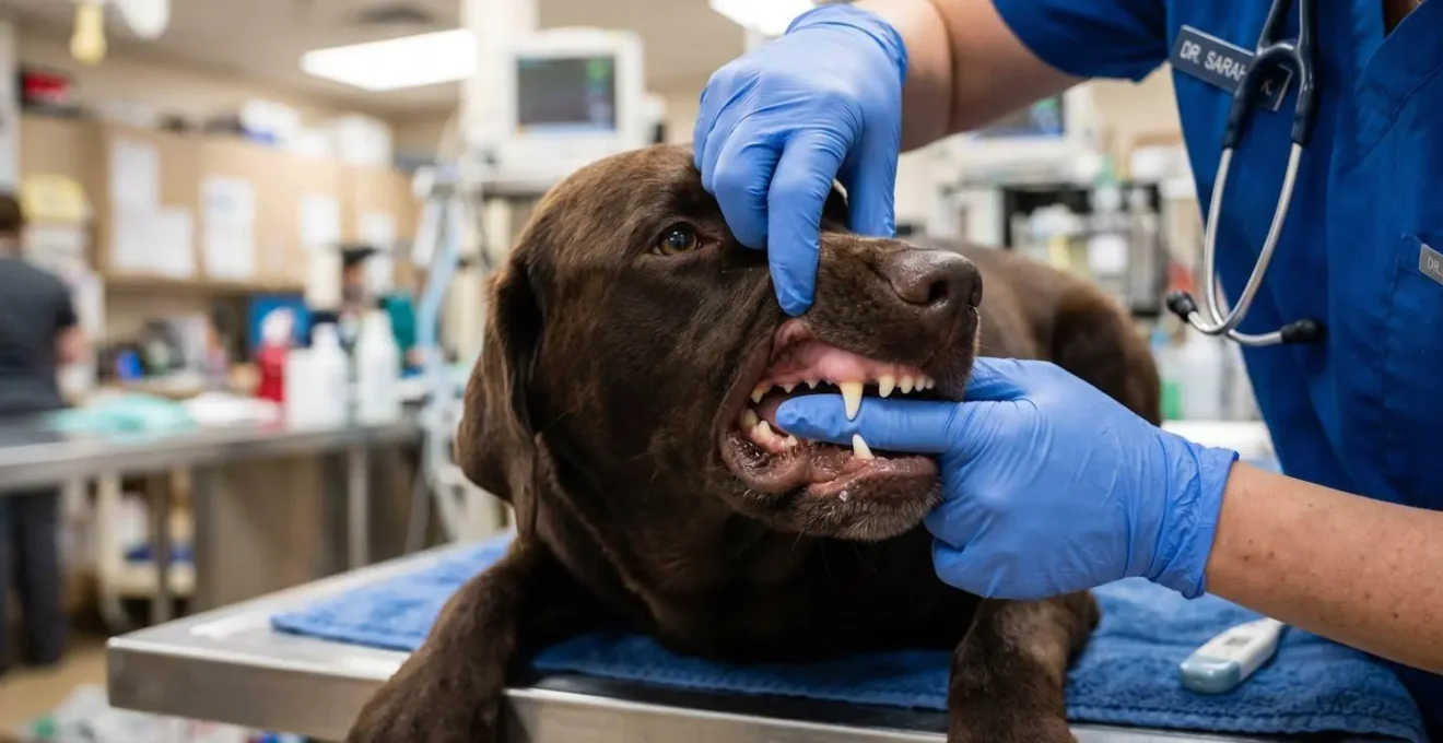 Gros plan sur l'examen clinique des muqueuses d'un chien pour détecter les signes d'urgence