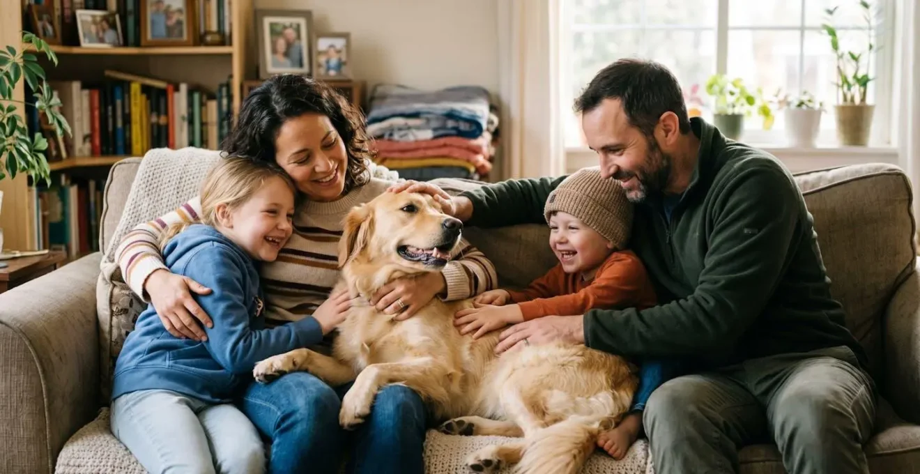 Famille rassemblée dans un moment de tendresse avec leur animal de compagnie