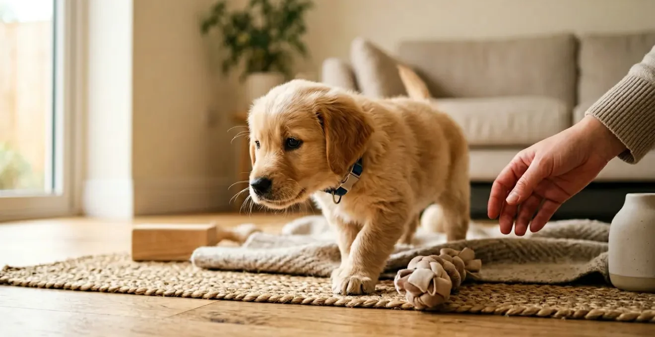 Jeune chiot dans un environnement contrôlé découvrant de nouvelles expériences sensorielles pendant sa période critique de développement