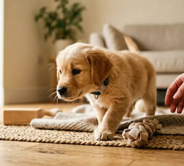 Jeune chiot dans un environnement contrôlé découvrant de nouvelles expériences sensorielles pendant sa période critique de développement