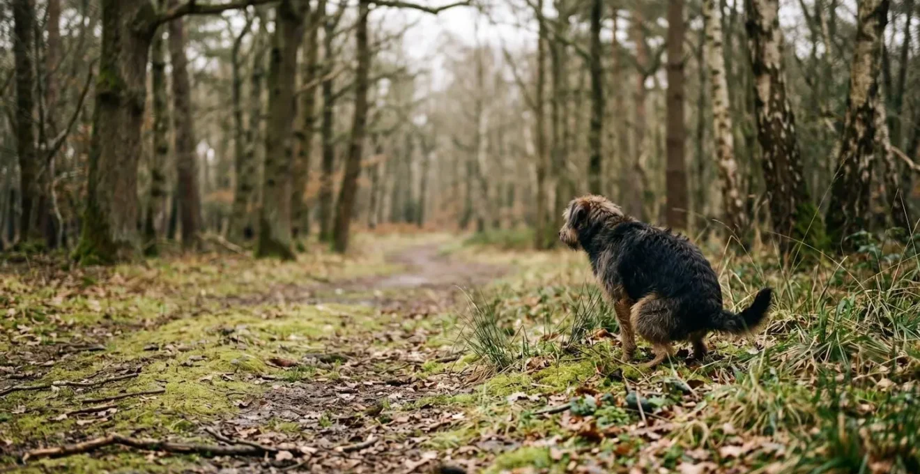 Vue environnementale d'un chien en pleine nature illustrant le processus naturel de vidange des glandes