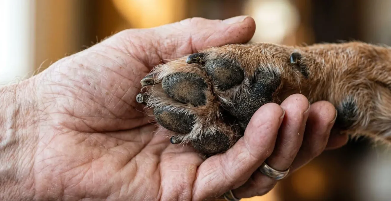 Détail macro d'une patte de chien posée sur une main ridée, montrant les textures et l'intimité du contact