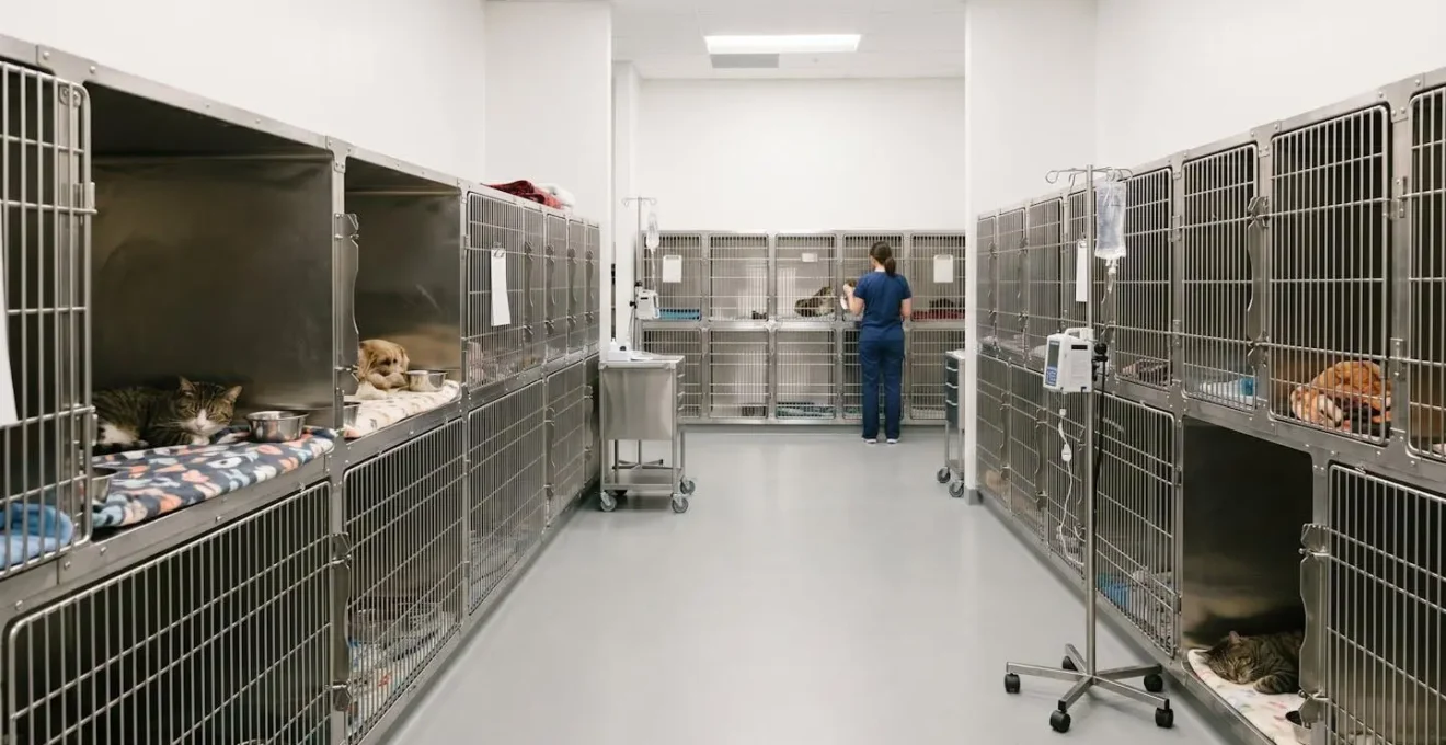 Espace d'hospitalisation vétérinaire avec cages propres et équipements de surveillance dans une ambiance calme