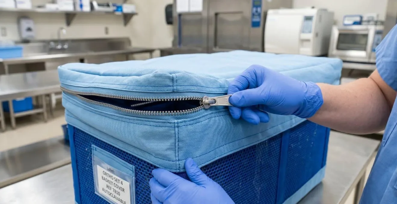 Gros plan d'une housse de panier orthopédique avec fermeture éclair de qualité montrant la facilité d'entretien