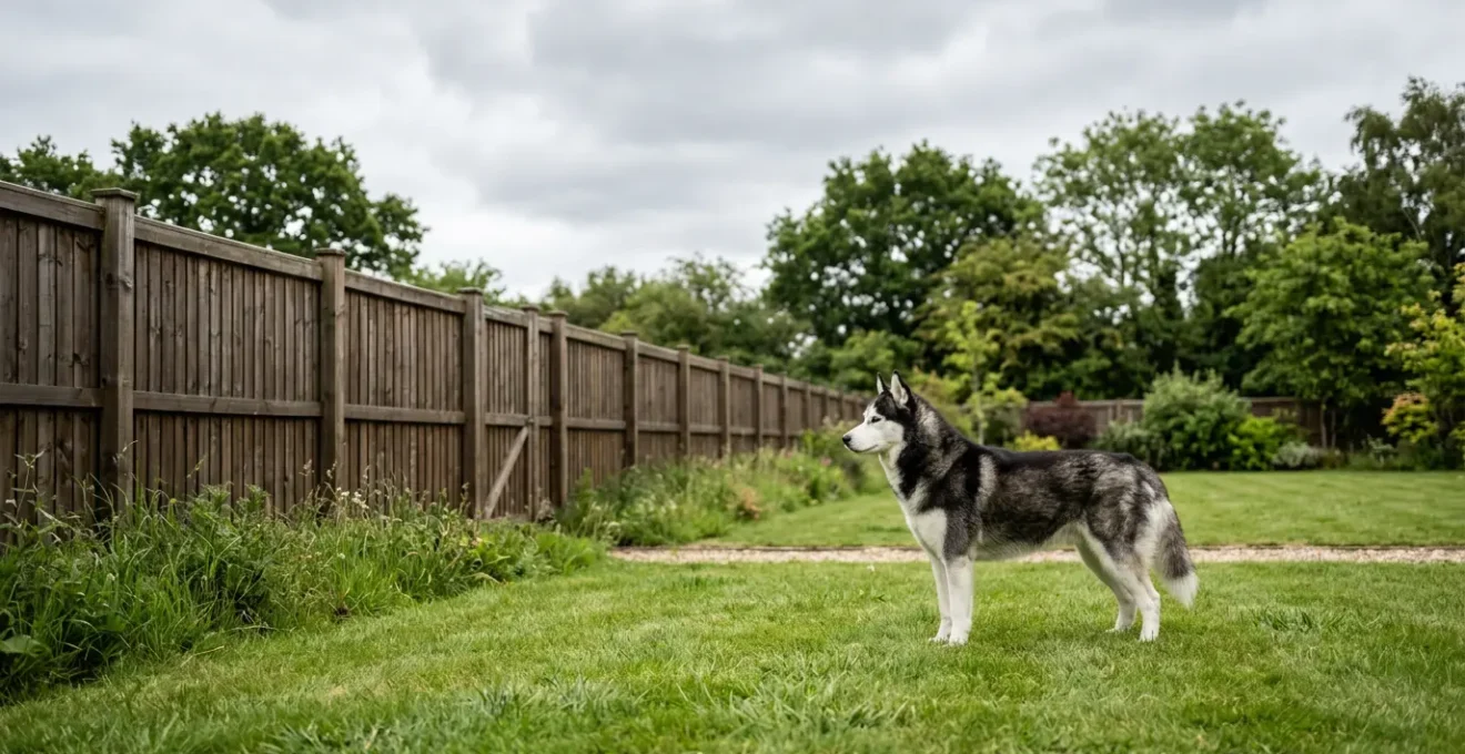 Husky dans un jardin avec une haute clôture sécurisée