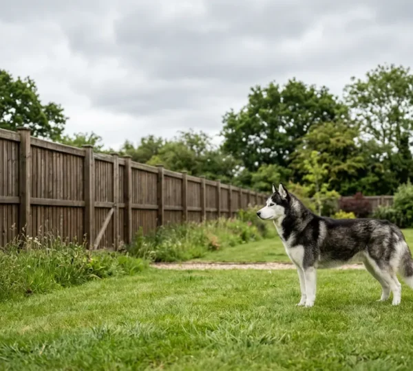 Husky dans un jardin avec une haute clôture sécurisée