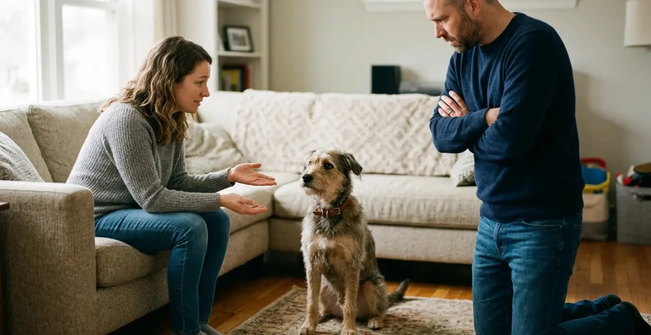 Scène familiale montrant un couple dans un salon avec leur chien, illustrant les défis de l'éducation canine cohérente