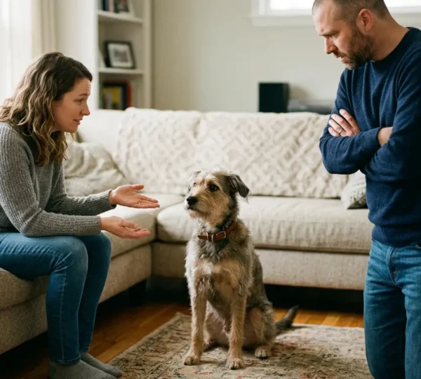 Scène familiale montrant un couple dans un salon avec leur chien, illustrant les défis de l'éducation canine cohérente