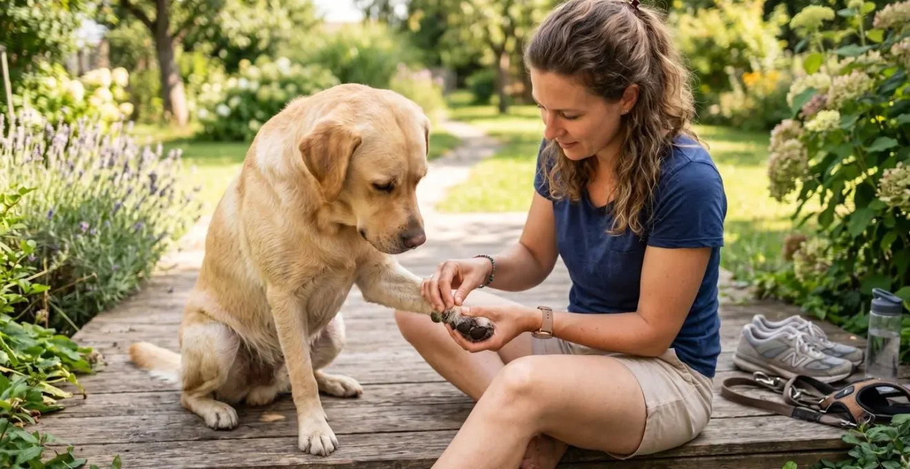 Inspection préventive des pattes d'un chien après une promenade estivale