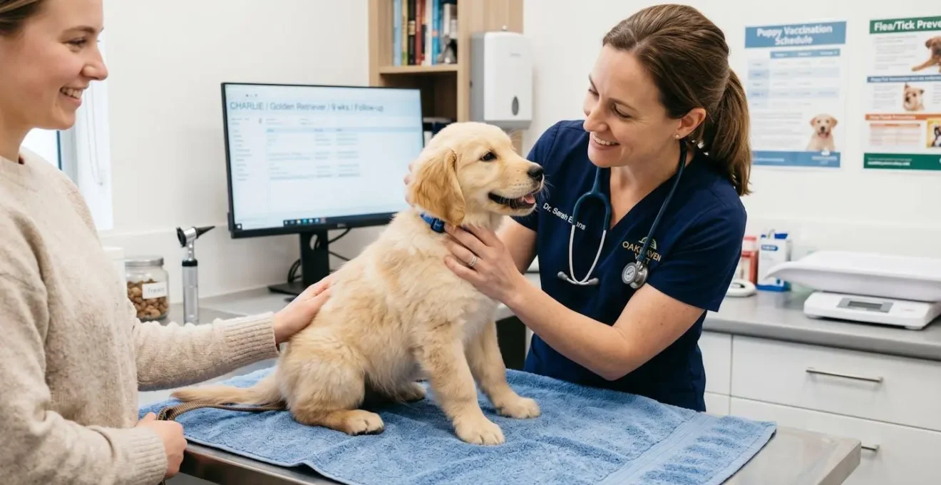 Jeune chiot lors d'un examen vétérinaire de prévention et de suivi