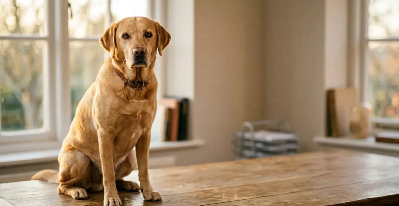 Labrador adulte en bonne santé avec calculatrice et papiers d'assurance en arrière-plan