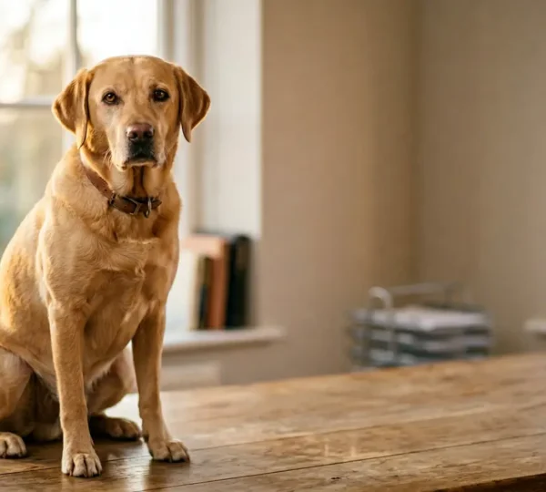 Labrador adulte en bonne santé avec calculatrice et papiers d'assurance en arrière-plan