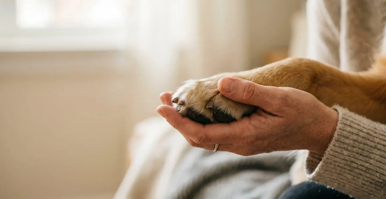 Interaction douce entre une main humaine et la patte d'un chien dans un contexte de soins coopératifs
