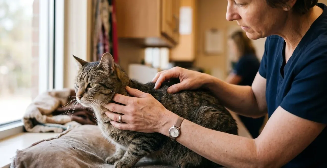 Gros plan sur les mains d'un vétérinaire examinant délicatement un chat lors d'une consultation