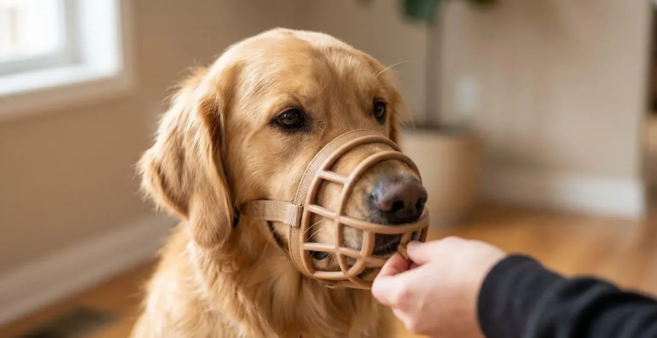 Chien coopérant calmement avec une muselière lors d'un exercice positif