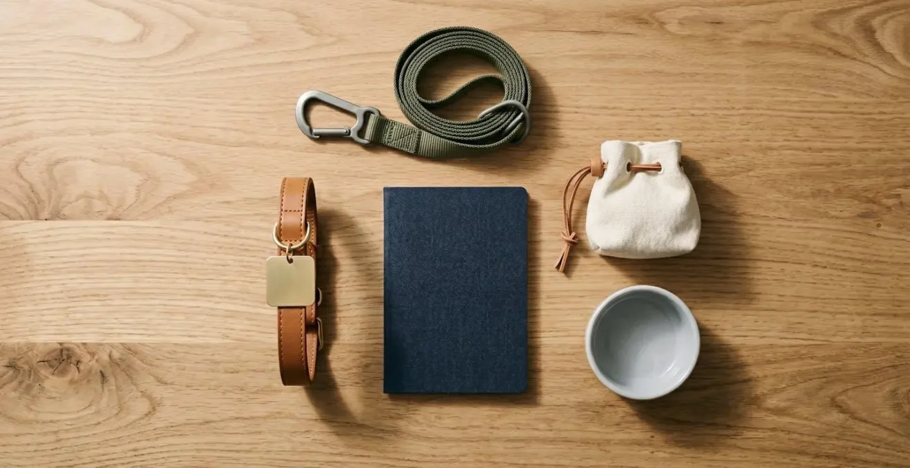 Vue environnementale d'une table de préparation de voyage avec accessoires pour animaux