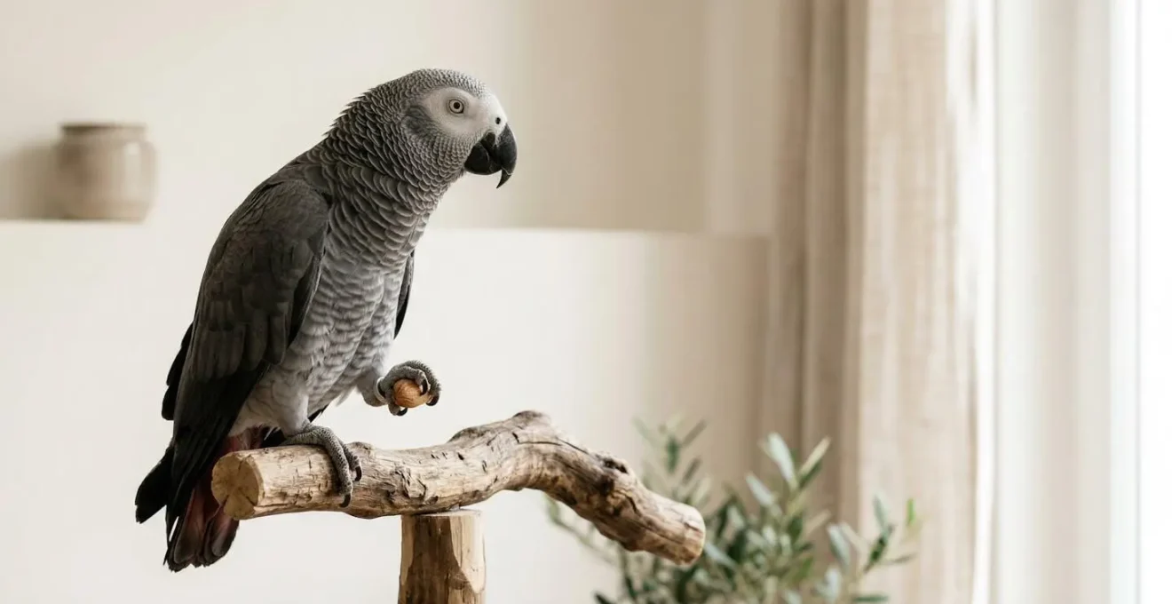Perroquet Gris du Gabon dans un environnement domestique épuré illustrant les obligations légales de détention en France