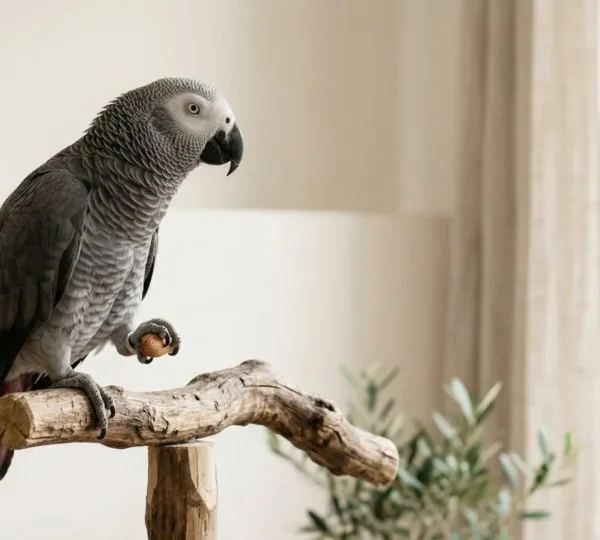 Perroquet Gris du Gabon dans un environnement domestique épuré illustrant les obligations légales de détention en France