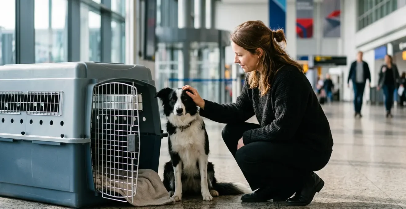 Propriétaire préparant son chien pour un voyage en avion avec une caisse de transport conforme aux normes IATA dans un environnement aéroportuaire