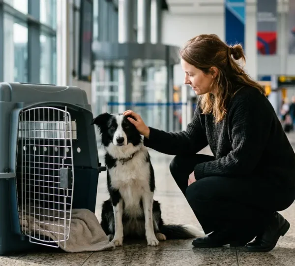 Propriétaire préparant son chien pour un voyage en avion avec une caisse de transport conforme aux normes IATA dans un environnement aéroportuaire
