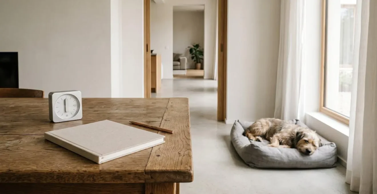 Chronomètre et carnet de notes sur une table avec un chien calme en arrière-plan flou