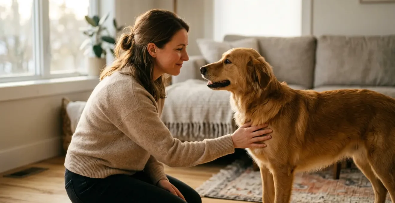 Moment de reconnexion entre un chien et son proprietaire dans une atmosphere apaisante