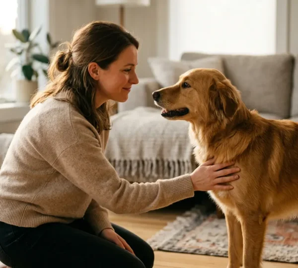 Moment de reconnexion entre un chien et son proprietaire dans une atmosphere apaisante
