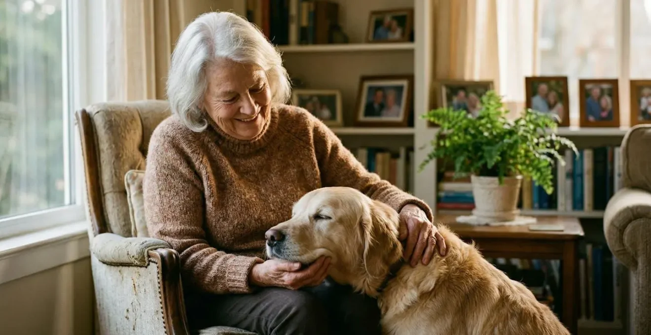 Personne âgée assise dans un fauteuil caressant un golden retriever près d'une fenêtre lumineuse