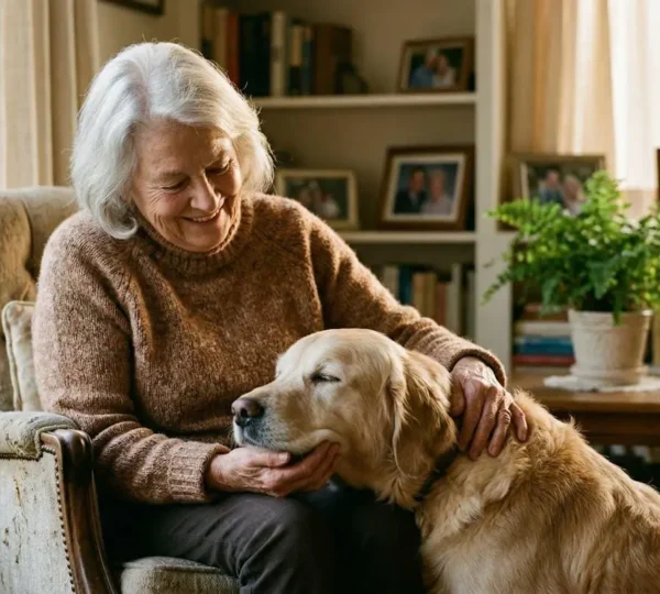 Personne âgée assise dans un fauteuil caressant un golden retriever près d'une fenêtre lumineuse