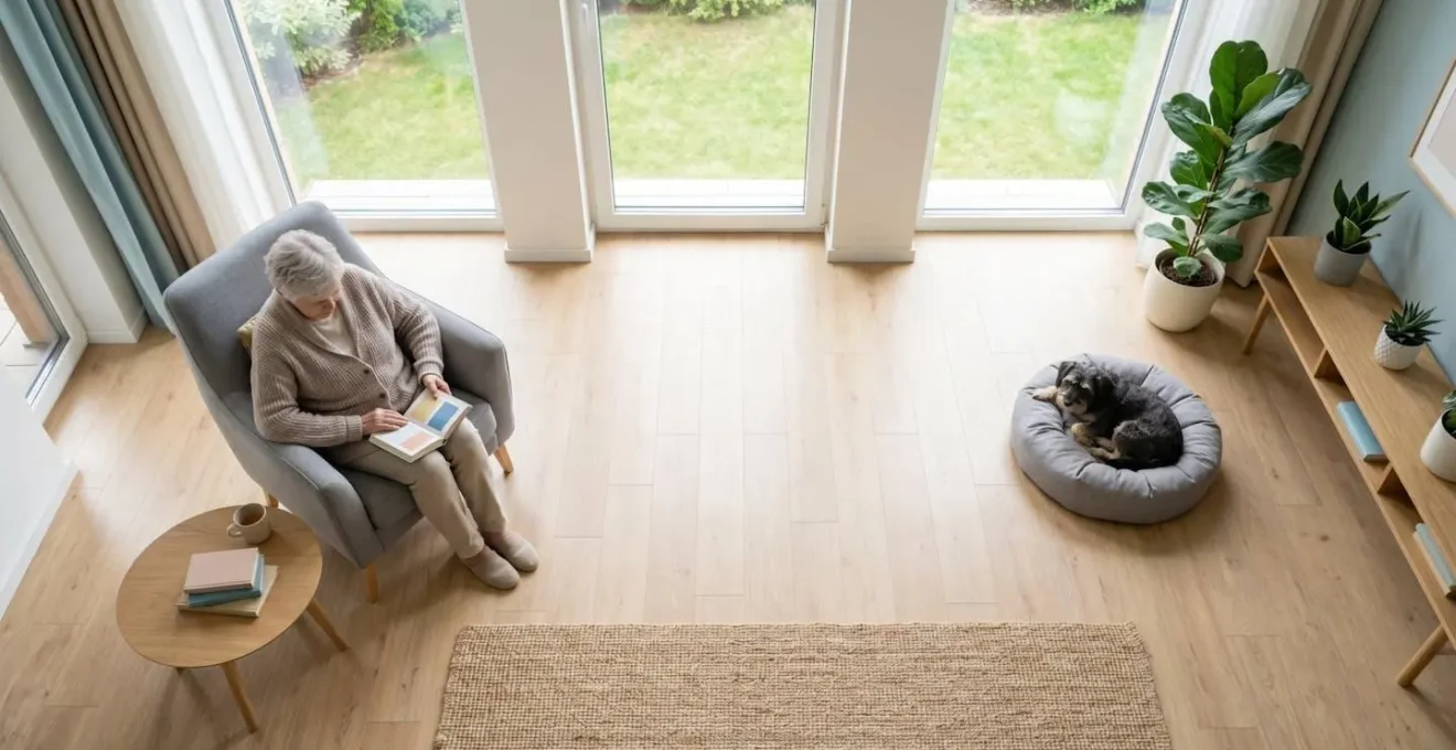 Vue en plongée d'un salon où un senior lit dans un fauteuil pendant que son chien se repose paisiblement sur son tapis à distance